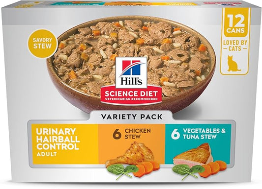 Hill's Science Diet Adult Urinary & Hairball Control Wet Cat Food Variety Pack, Chicken Stew, Vegetables & Tuna Stew, 2.9 oz. Cans, 12-Pack