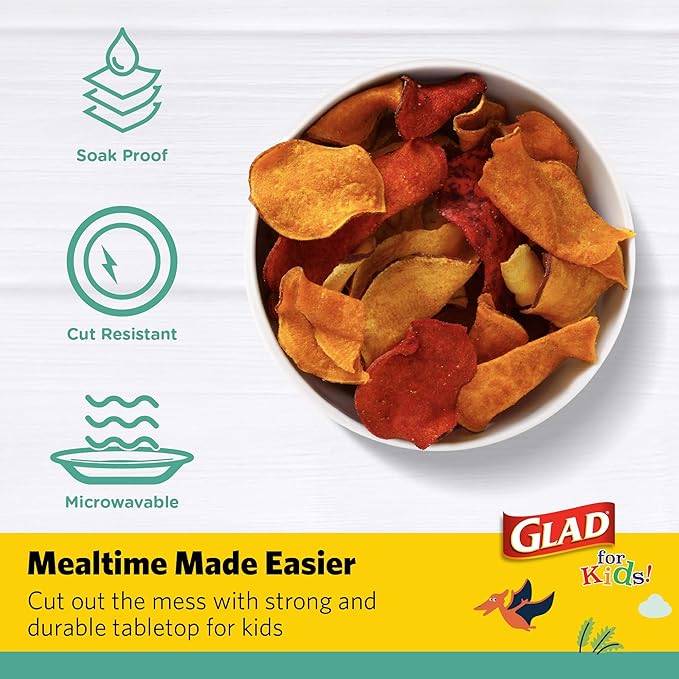 Glad for Kids Dinosaurs Paper Snack Bowls, Colorful Heavy Duty Microwave Safe Disposable Bowls for Soup, Ice Cream, and Snacks, Lids Included, Multicolor, Party Pack, 12 Oz, 20 Count