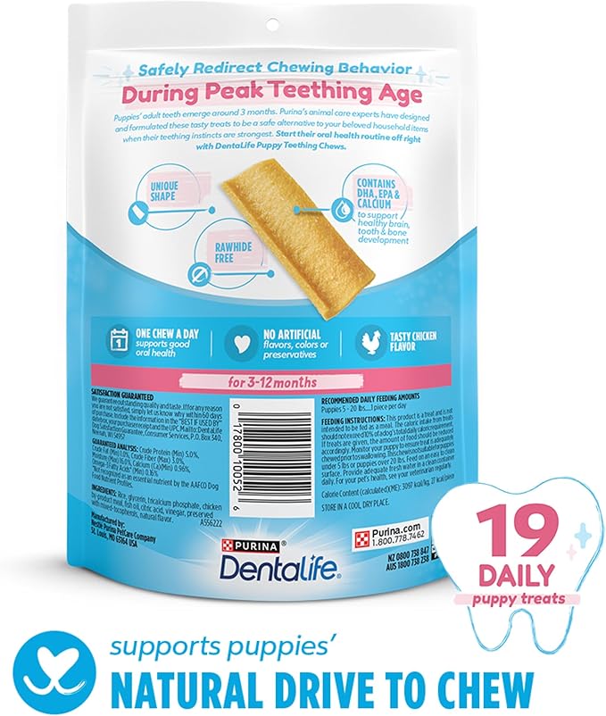 Dentalife Puppy Teething Dog Chews for Small Dogs 3 Months and Up,Chicken Flavor,17.3 oz.,19 Chews - 19 ct. Pouch,(Pack of 2)
