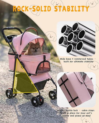 Pet Stroller with Removable Carrier, 35lbs Capacity - One-Click Foldable Dog Stroller, Cat Carrier & All-Terrain Wheels, Compact Travel Pet Stroller for Small to Medium Pets-Pink