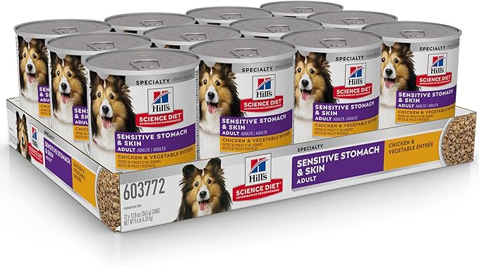 Hill's Science Diet Adult Sensitive Stomach & Skin Wet Dog Food, Chicken & Vegetable, 12.8 oz. Cans, 12-Pack