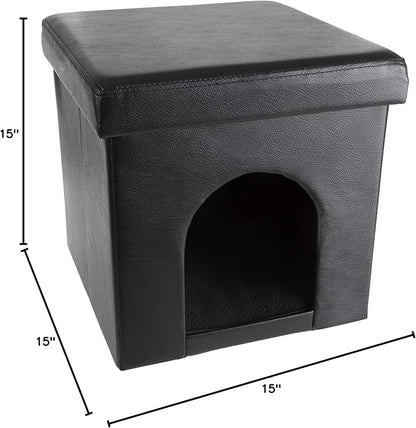 Cat House – Collapsible Multipurpose Small Dog or Cat Ottoman with Footrest, Cushioned Top, and Interior Pillow by PETMAKER (Black)