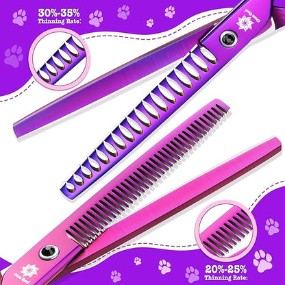 Dream Reach Dog Grooming Scissors - 7" Professional 6 in 1 Pet Scissors Sharp and Durable Shears Set Thinning, Chunker, Straight, Curved Shears and Comb for Dog Cat Pets, Purple