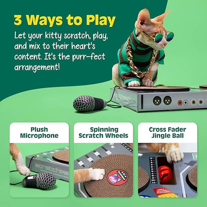 DJ Scratchpad by Relatable, Enrichment Cat Toys And Kitten Toys For Your Furry Friends, Cat Tree Essentials, Includes Box With 2 Scratch Wheels, 1 Plastic Ball With Bell, And Attached Microphone Plush