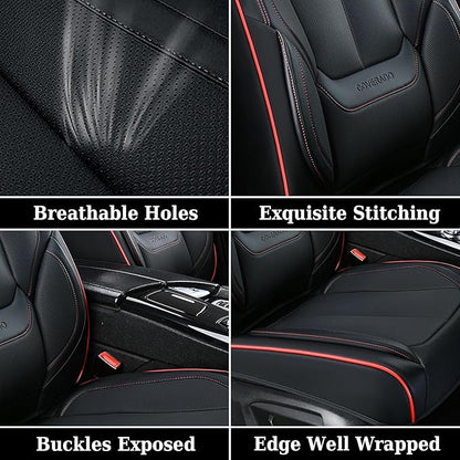 Coverado Universal Seat Covers Full Set, Universal Seat Covers for Cars, Waterproof Nappa Leather Car Seat Covers with Head Pillow, 5 Seats Auto Protectors Fit for Most Pick-up Truck, Black&Redline