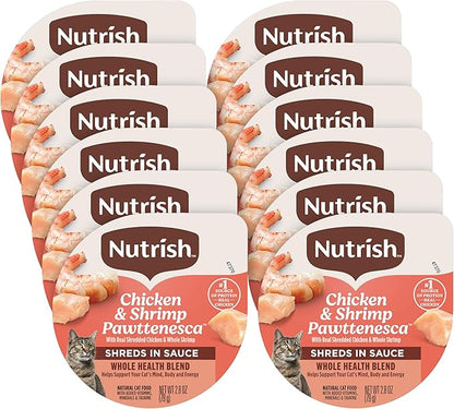 Nutrish Grain Free Wet Cat Food Chicken & Shrimp Pawttenesca Whole Health Blend with Real Shredded Chicken & Whole Shrimp in Sauce, 2.8 oz. Cup (Rachael Ray) (Pack of 12)