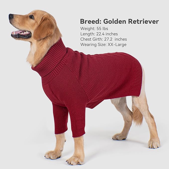 cyeollo 4XL Dog Christmas Sweater,Knitwear Turtleneck Pullover Sweaters Fall Winter Dog Clothes Sweaters for Large Giant Dogs Female, Burgundy Red XXXXL