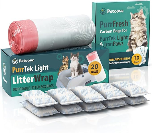 Petcove Cat Litter Box Liners, Carbon Litter Deodorizers Bundle For PurrTek Max & Light| Drawstring Bags for Automatic & Self-Cleaning Litter Boxes | Unscented (PurrTek Light Accessories)