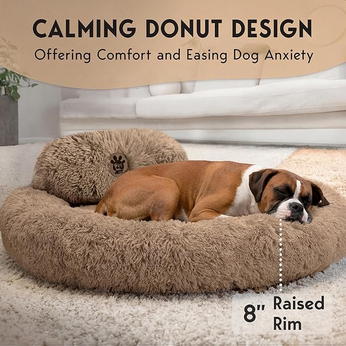 PetJett XL Dog Bed for Large Sized Dog - 45'' Extra Large Dog Bed, Anti-Slip & Washable Super Soft Round Donut Bed, Fluffy Faux Fur Anti-Anxiety Premium Comfort Pet Bed, Fits Dogs up to 120 lbs