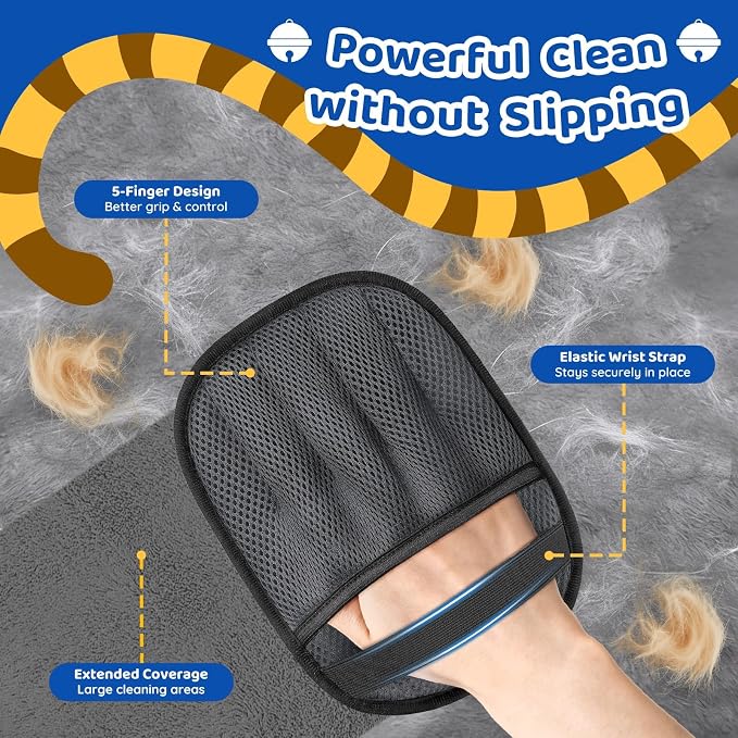 Pet Hair Removal Glove for Dogs & Cats, 2 Packs Five-Finger Grip, Grey | Reusable Washable Pet Hair Remover Tool, Lightweight Ergonomic Portable Dog Hari Remover for Couch, Carpet, Bed, Cloth