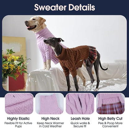 IECOii XL Dog Sweater Dress for Large Dogs Girl, Cable Knit Winter Dress for Female Dogs, Purple,XLarge, Soft Girl Dog Sweater with Tartan Plaid Skirt Cute Turtleneck Knitwear for Cold Weather