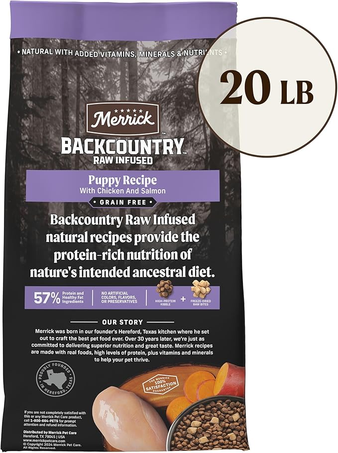 Merrick Backcountry Grain Free Dry Puppy Dog Food, Kibble with Freeze Dried Raw Pieces, Chicken Recipe - 20.0 lb. Bag