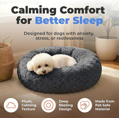 Best Pet Supplies Round Calming Dog Bed for Small, Medium & Large Dogs, Plush Donut Cuddler Pet Bed w/Raised Rim for Head, Neck Support, Anti-Slip Bottom Washable Bed - Gray, 20 x 20 x 6