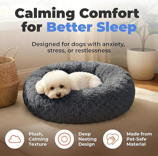 Best Pet Supplies Round Calming Dog Bed for Small, Medium & Large Dogs, Plush Donut Cuddler Pet Bed w/Raised Rim for Head, Neck Support, Anti-Slip Bottom Washable Bed - Gray, 20 x 20 x 6