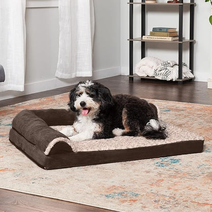Furhaven Orthopedic Dog Bed for Large/Medium Dogs w/ Removable Bolsters & Washable Cover, For Dogs Up to 55 lbs - Two-Tone Plush Faux Fur & Suede L Shaped Chaise - Espresso, Large