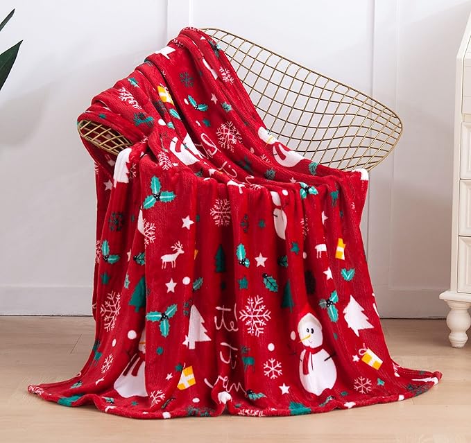 Elegant Comfort Velvet Touch Ultra Plush Christmas Holiday Printed Fleece Throw/Blanket-50 x 60inch, (Red Snowman), 50 x 60 inch