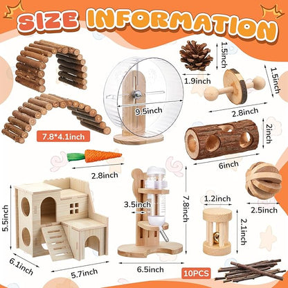 18 Pcs Hamster Cage Accessories, Silent Hamster Wheel, Chew Toys Set, Maze Wood House and Water Bottle Set for Rat Mice Small Animals Habitat (Natural Log Style)