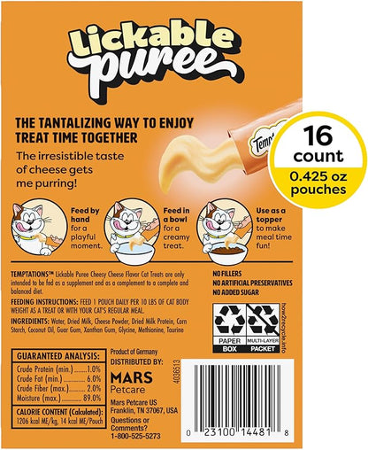 Temptations Creamy Puree Squeezable Lickable Cat Treats, Wet Cat Treats with Cheese, 0.42 oz. Tubes, 16 Count