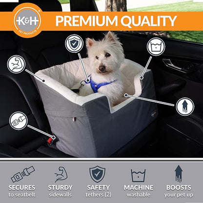 K&H Pet Products Bucket Booster Dog Car Seat, Seat Belt Secured, 2 Safety Leashes, Washable Covers, Sturdy Pet Booster Seats for Cats & Dogs - Small Gray/Cream