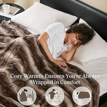 Madison Park Queen Size Ultra-Soft Poly Fur Blanket Queen Size, Reversible Plush, All Season & Lightweight Queen Fuzzy Blanket for Bed, Couch & Sofa, Zuri, Full/Queen Brown