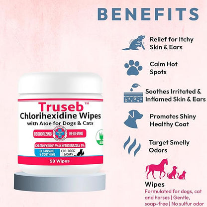 Pet Health Pharma Truseb Topical for Dogs, Cats and Horses - with Aloe for Cleansing (Ketoconazole & Chlorhexidine Wipes, 100 Count)
