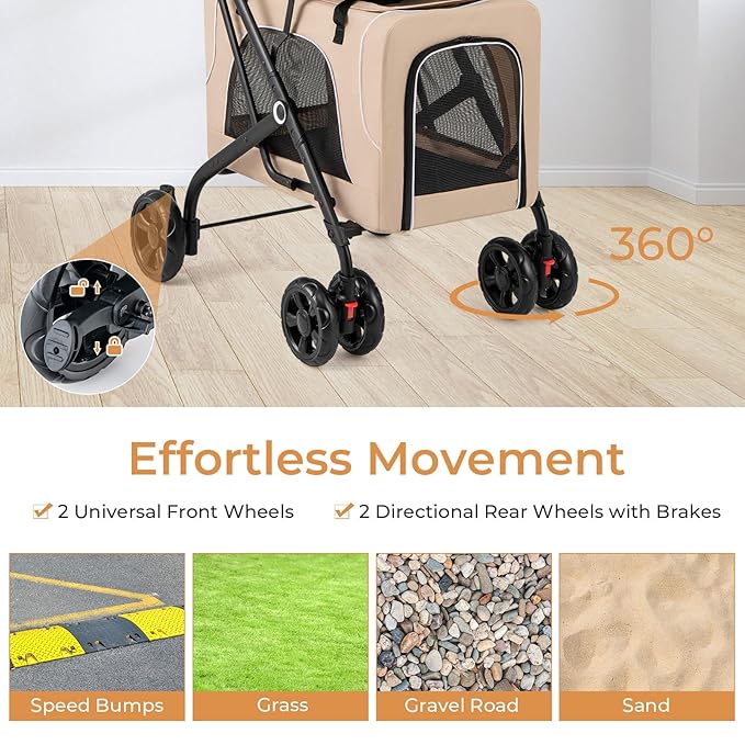 4-in-1 Double Pet Stroller with 2 Detachable Carriers, Foldable Dog Cat Travel Stroller for Small Medium Pets, Travel Cat Bag with Safety Belt & Lockable Wheels, Beige