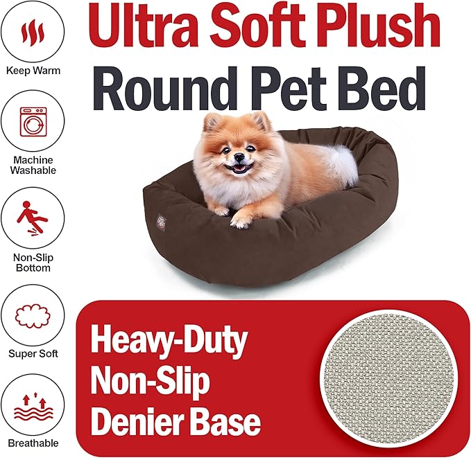 Majestic Pet Suede Shredded Memory Foam Mix Calming Dog Bed Washable - Cozy Soft Round Dog Bed with Spine for Head Support - Fluffy Donut Dog Bed, 24 Inch, Chocolate