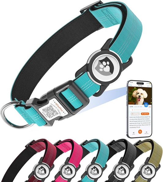 Reflective Dog Collar with AirTag Holder for Medium Dogs Soft Nylon Blue Sized S