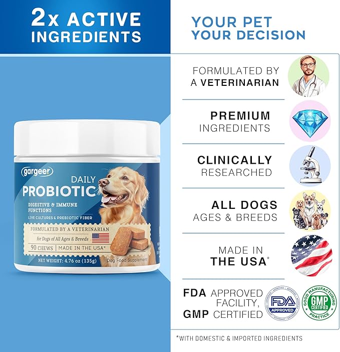 Gargeer Daily Probiotics & Prebiotics for Dogs. Supports Healthy Digestion, Gut Flora & Proper Immune System. for All Dog Breeds & Ages, 60 Delicious Duck Flavored Soft Chews. Made in the USA. Enjoy!