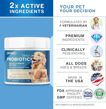Gargeer Daily Probiotics & Prebiotics for Dogs. Supports Healthy Digestion, Gut Flora & Proper Immune System. for All Dog Breeds & Ages, 60 Delicious Duck Flavored Soft Chews. Made in the USA. Enjoy!