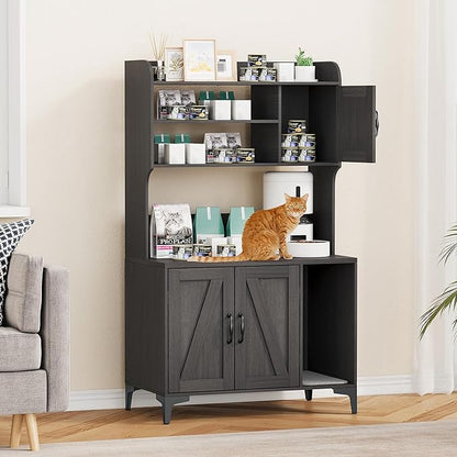 IDEALHOUSE Cat Litter Box Enclosure with Shelves and Doors,Wood Sturdy Hidden Litter Box Furniture,Indoor Cat House Furniture for Most of Litter Box,Litter Box Cabinet,Walnut Color