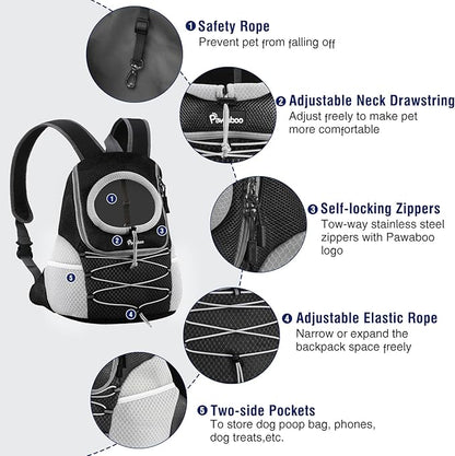 Pawaboo Pet Dog Carrier Backpack, Puppy Dog Travel Front Carrier for Small Medium Dogs Cats, Adjustable Breathable Dog Carrying Backpack with Safety Strips for Hiking, Walking (Black S Up to 5 lbs)