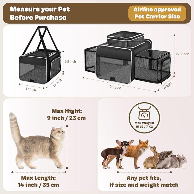 Top and 2 Sides Expandable Pet Carrier 17x11x9.5,TSA Airline Approved Small Dog Carriers for Small Dogs,Soft-Sided Cat Carrier with Self-Locking Zippers for Kitten,Rabbit,Puppy,Guinea Pig Black White