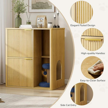 Rovibek Double Cat Litter Box Enclosure Furniture, Fluted Hidden Litter Box Enclosure for 2 Cats with Double Room, Mid Century Dual Cat Litter Cabinet with Scratching Post, Dangling Ball, Natural