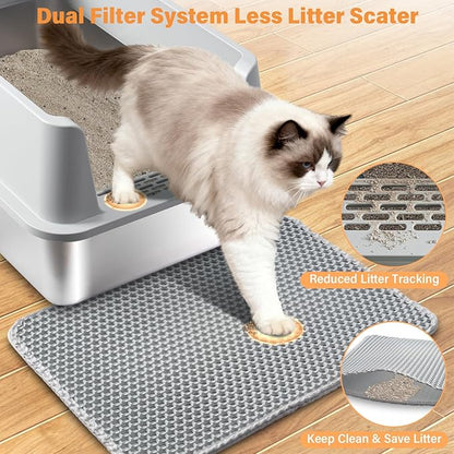 Stainless Steel Cat Litter Box, XL Cat Litter Box with Lid for Big Cat, Extra Large Metal Litterbox with High Side，Non-Stick, Odor-Resist, Anti-Urine Leakage, Easy-Clean, Includes Mat & Scoop