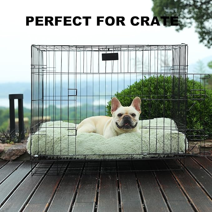 Bedfolks Waterproof Crate Bed, Plush Pad With Removable Cover, Faux Fur for Medium Dogs, Fluffy Washable Kennel 29"x21", Sage Green