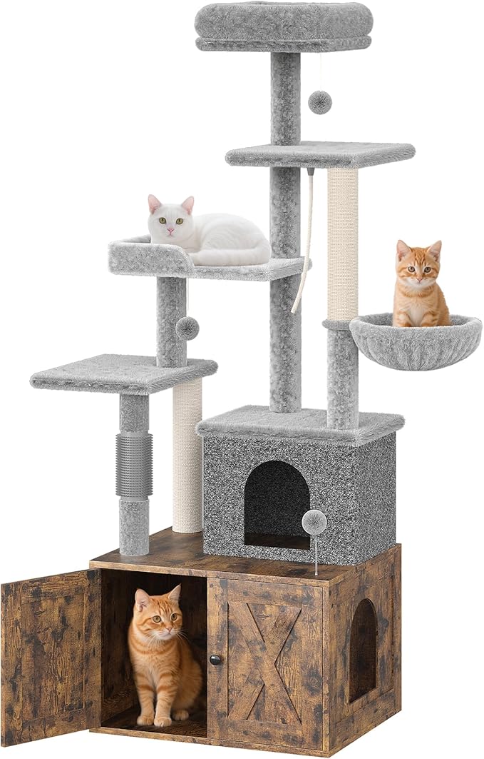 Cat Tree with Litter Box Enclosure Large, Multilevel Cat Play House with Large Condo, Spacious Hammock, Cozy Top Perch,Scratching Post and Dangling Balls