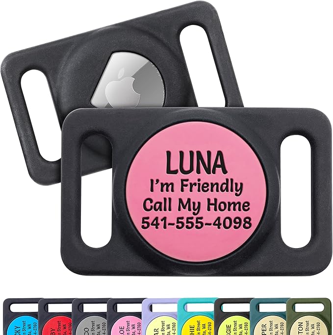 GoTags Personalized AirTag Dog Collar Holder, Engraved Tracker Case for Pet Collar, Custom Text with Phone Number, Slide On Tag for GPS Nameplate, Track Dogs with Apple iPhone, 4 Colors (Large)