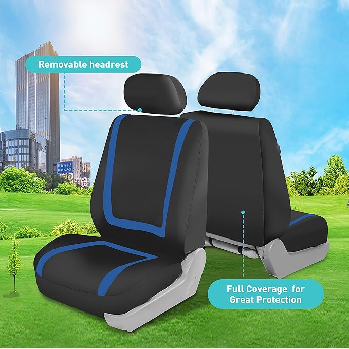 FH Group Car Seat Covers Full Set Cloth - Universal Fit Automotive Seat Covers, Low Back Front Seat Covers, Solid Back Seat Cover, Washable Car Seat Cover for SUV, Sedan and Van Blue