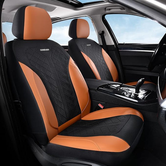 Coverado Seat Covers Full Set, Brown Car Seat Covers, PU Leather & Breathable Mesh Seat Protectors, 5-Piece Automotive Seat Covers, Universal Fit for SUVs, Trucks, Sedans
