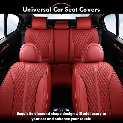 Coverado Car Seat Covers Full Set, Waterproof Nappa Leather Seat Covers for Cars, Front and Back Car Seat Protector, Luxury Car Seat Covers, 5 Seats Universal Red Car Seat Cover Fit for Most Cars