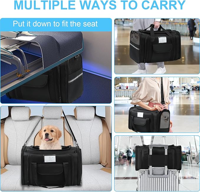 Pet Carrier Airline Approved, Expandable Pet Cat Carriers with Wheels for Dogs, Airline Approved Cat Dog Carrier, TSA Approved Pet Carrier In Cabin, Pet Dog Cat Carrier Soft, Cat Travel Carrier(Black)