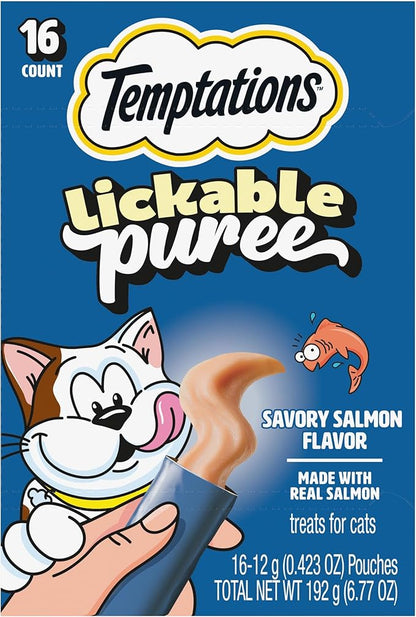 Temptations Creamy Puree Squeezable Lickable Cat Treats, Wet Cat Treats with Salmon, 0.42 oz. Tubes, 16 Count