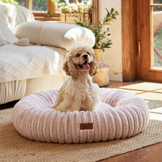 FUKUMARU Small Dog Bed, Gradient Color Donut Dog Beds for Anxious Puppies, 25 inches Calming Orthopedic Dog Beds, Round Pet Beds with Washable Cover, Cute Cat Bed for Indoor Cats, Pink