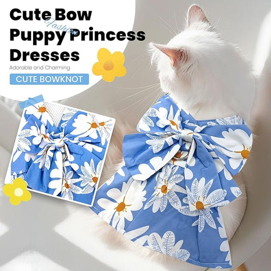 ABRRLO Cute Dog Dress Small Dog Clothes for Girls Female Puppy Outfits Blue Daisy Pet Summer Clothes Bowknot Doggy Cat Princess Dress Harness Set for Holiday Birthday Party Costume Clothing (Blue,L)