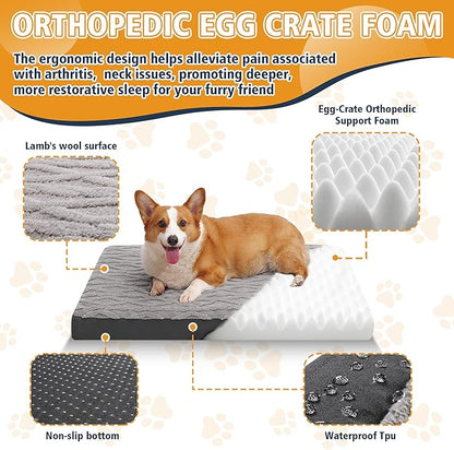 Orthopedic Dog Beds Large Sized Dog – Waterproof Plush Pet Mattress with Removable Washable Cover, Non-Slip Bottom, Memory Foam Mat for Crate, 35x22 Inch, Grey