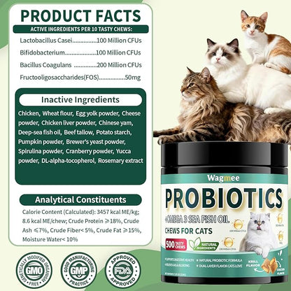 Cat Probiotics Tasty Chews –500 Chews Crunchy & Creamy Texture, Fish Oil Omega-3 Skin & Coat Health Digestive & Gut Support, Constipation Relief, Healthy Stool, Chicken Krill Flavor