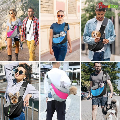 Pawaboo Pet Dog Sling Carrier, Hand Free Drawstring Dog Papoose with Adjustable Strap, Breathable Mesh Bag for Puppy Cat, Crossbody Satchel Dog Purse with Pocket for Outdoor, Dark Gray+Black, Small