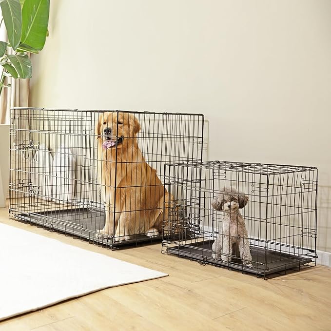Sweetcrispy Dog Crate, 42 Inch Double Door Folding Metal Wire Dog Cage with Plastic Leak-Proof Pan Tray, Large XL Pet Kennel for Indoor, Outdoor, Travel