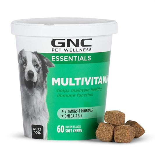 GNC Pets Essentials Dog Multivitamin Soft Chews with Salmon Oil, Bacon Flavor Daily Vitamin and Mineral Supplement for Puppies, Adult and Senior Dogs, Skin Coat and Immune Support, 60 Count